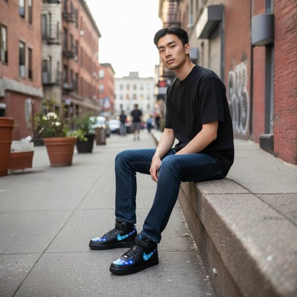 Nike Other - Nike AF1 Leather Custom Hand Painted Blue On Black Louis Vuitton Logo, Size 13